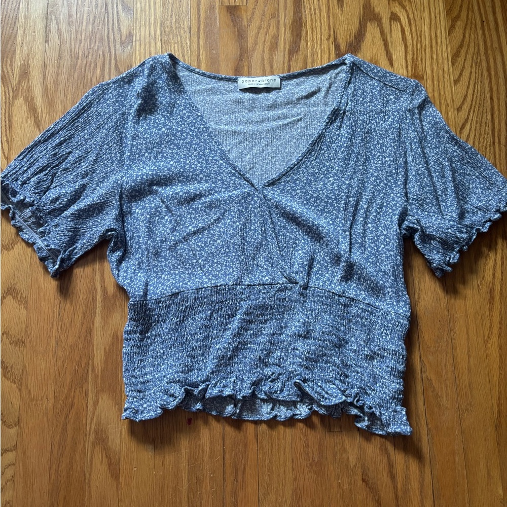 Paper Crane Blue Puff Sleeve Smocked Crop Blouse